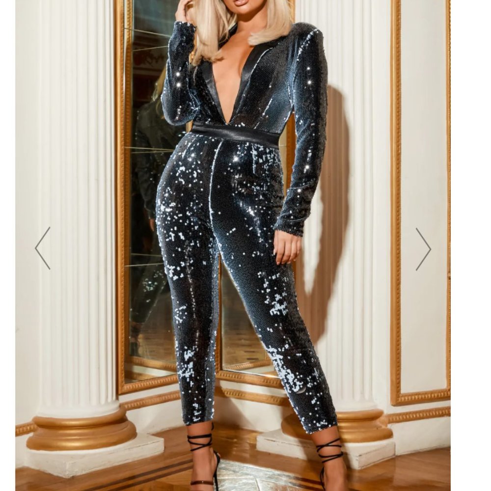 BLACK PLUNGE FRONT TAILORED SEQUIN JUMPSUIT